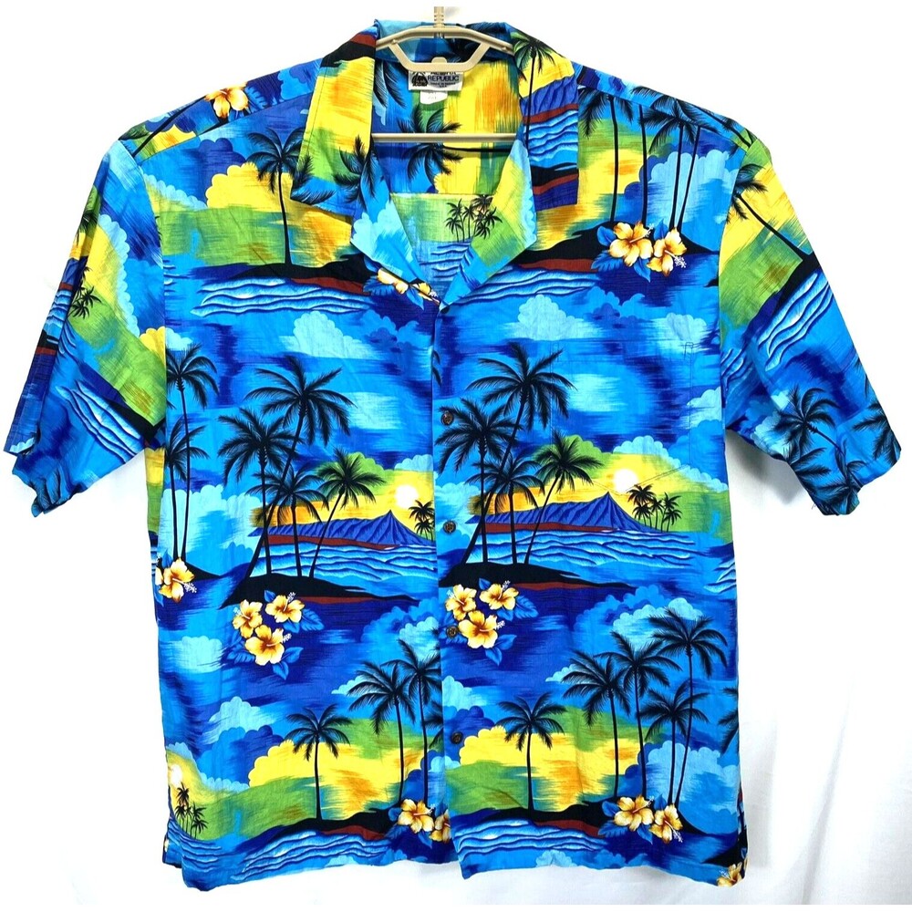 Aloha Republic Men 2XL Multicolor Hawaiian Cotton Island Print Button Up Shirt